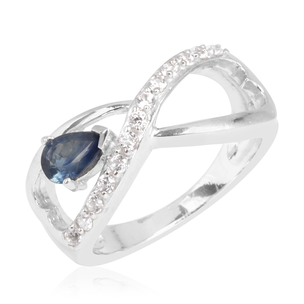 Kanchanaburi Blue Sapphire (Pear 0.75 Ct), Natural Cambodian Zircon Ring in Rhodium Plated Sterling Silver 1.000 Ct.