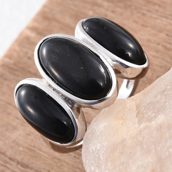 Shungite (Ovl 3.75 Ct) 3 Stone Ring in Platinum Overlay Sterling Silver 9.000 Ct. Silver wt. 5.91 Gms.