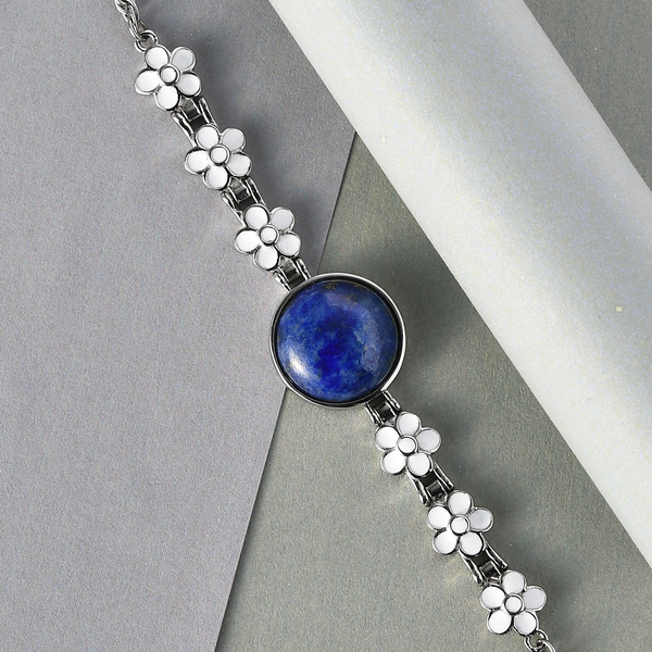 Lapis Lazuli Enamelled Bracelet (Size - 7.5 with Extender ) with T-Bar Clasp in Stainless Steel 9.92 Ct.