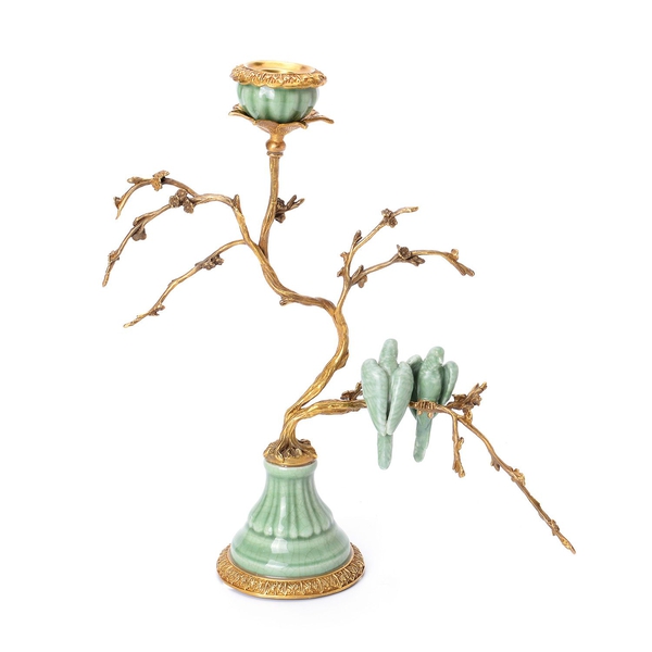 Hand Made Museum Collection - Bronze Tree Candelabrum with Handmade Green Parrots (Size 25x17 Cm)