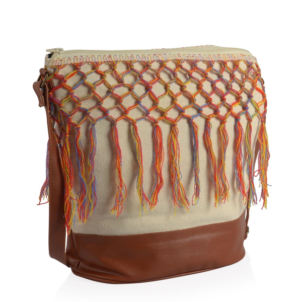 White and Chocolate Colour Cotton Bucket Bag with Multi Colour Tassel and Adjustable Shoulder Strap (Size 35x35x16 Cm)