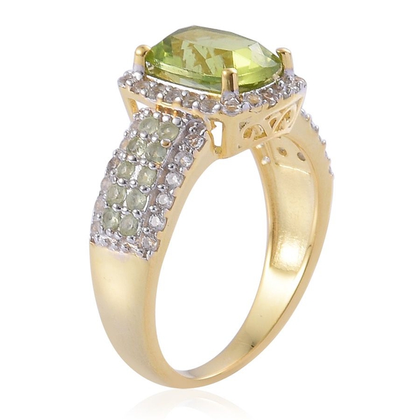 AA Hebei Peridot (Cush 2.00 Ct), White Topaz Ring in Yellow Gold Overlay Sterling Silver 3.400 Ct.