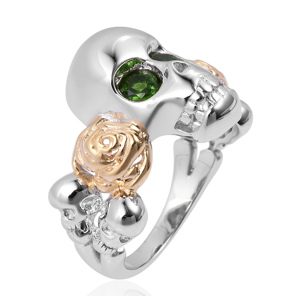 Chrome Diopside (Rnd) Skull Ring in Rhodium and Gold Overlay Sterling Silver 0.400 Ct, Silver wt 5.67 Gms.
