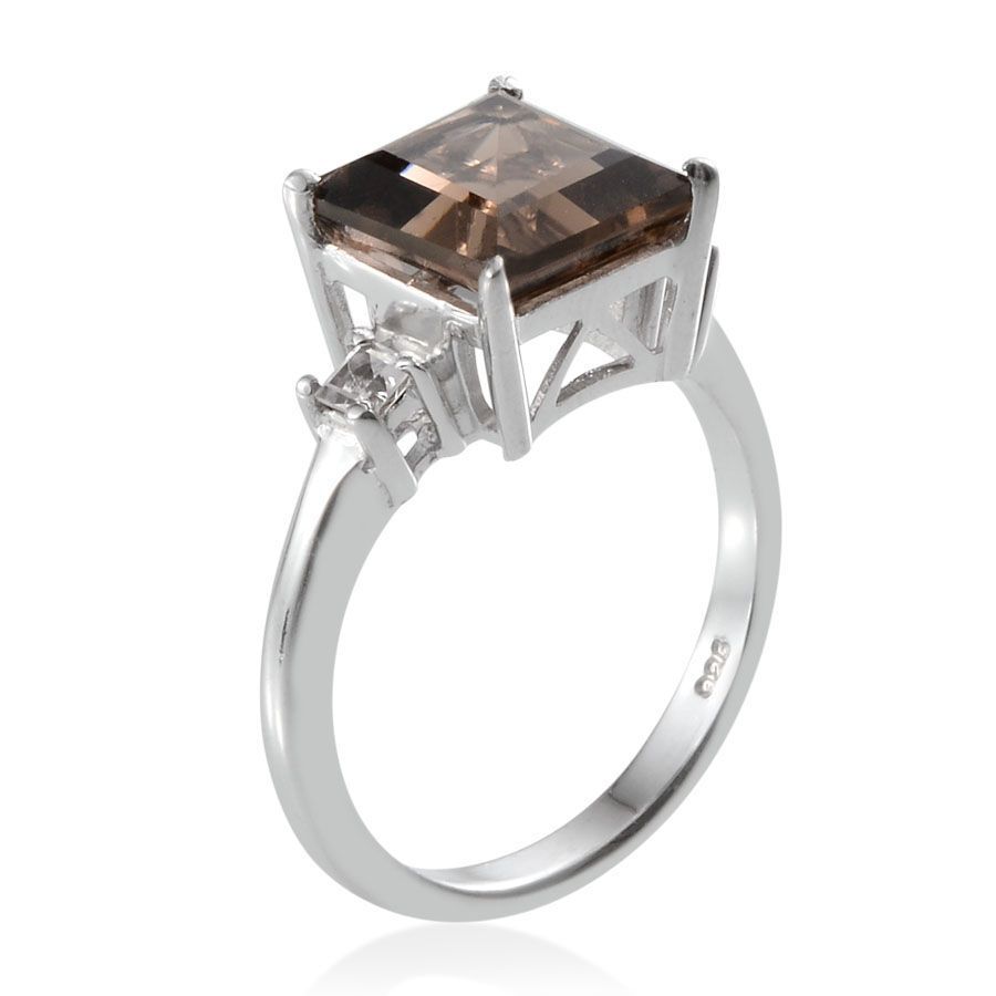Brazilian Smoky Quartz (Sqr 3.25 Ct), White Topaz Ring in Platinum Overlay Sterling Silver 3.500 Ct.