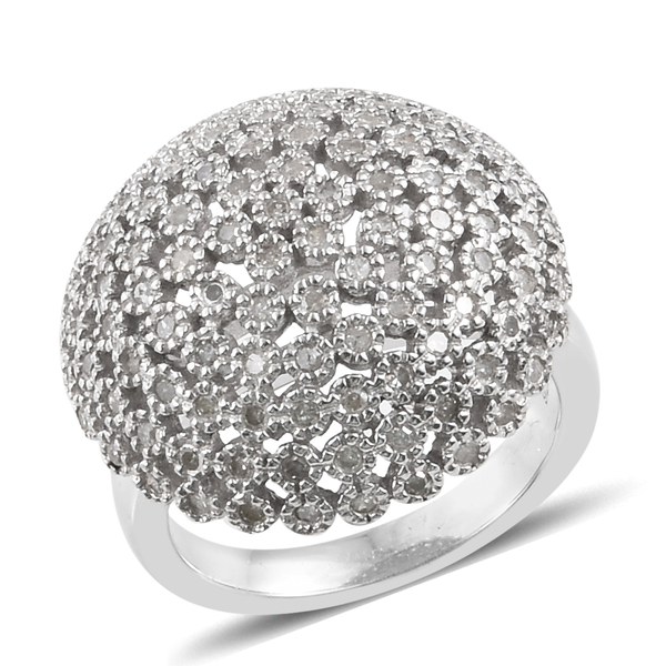 0.75 Ct Diamond Dome Cluster Ring in Platinum Plated Silver 6.46 Grams