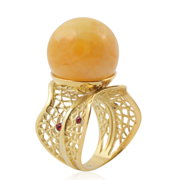 Butterscotch Baltic Amber (Rnd 16mm), Red Austrian Crystal Ring in 14K Gold Overlay Sterling Silver, Silver wt 12.00 Gms