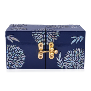 Handcrafted Jewelry boxes Adorned with Butterfly pearl shell inlay artwork Features 4 tiny drawers hidden when closed Unique two-squared shaped box design Easy to open at 180 degrees In