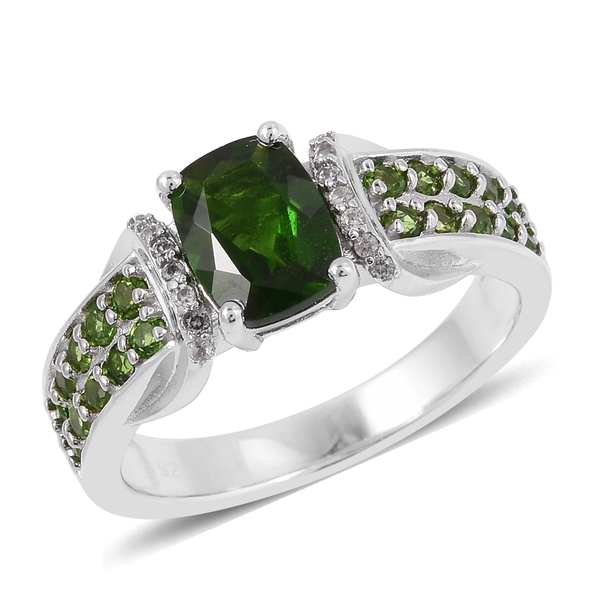 2.17 Ct  Diopside and Natural White Cambodian Zircon Ring in Rhodium Plated Sterling Silver
