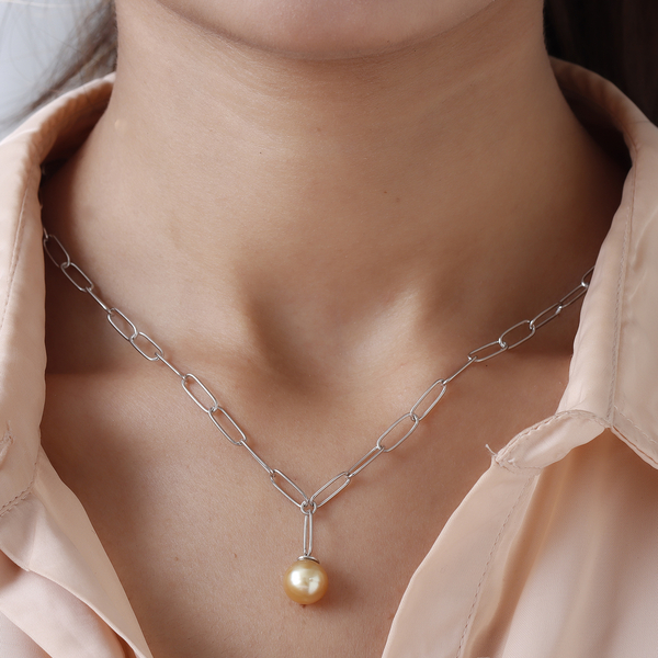 Designer Inspired - Golden South Sea Pearl Paperclip Necklace (Size - 20) with Lobster Clasp in Platinum Overlay Sterling Silver, Silver Wt 7.20 Gms.