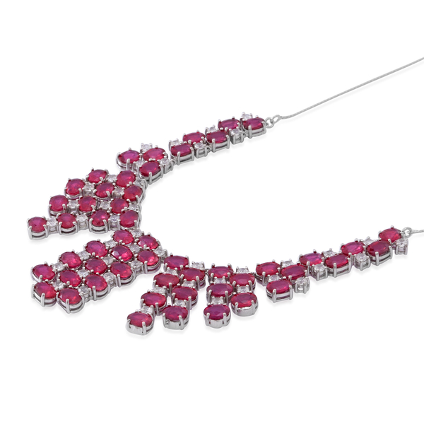 African Ruby (Ovl), White Zircon Necklace (Size 18) in Rhodium Plated Sterling Silver 70.000 Ct.