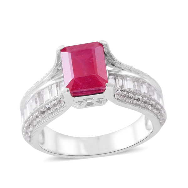 7 Carat African Ruby and White Topaz Classic Ring in Rhodium Plated Silver 5.25 Grams