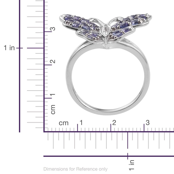 Tanzanite (Rnd), Natural Cambodian Zircon Butterfly Ring in Platinum Overlay Sterling Silver 1.500 Ct.