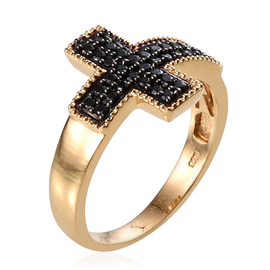 Boi Ploi Black Spinel (Rnd) Cross Ring in 14K Gold Overlay Sterling Silver 0.750 Ct.