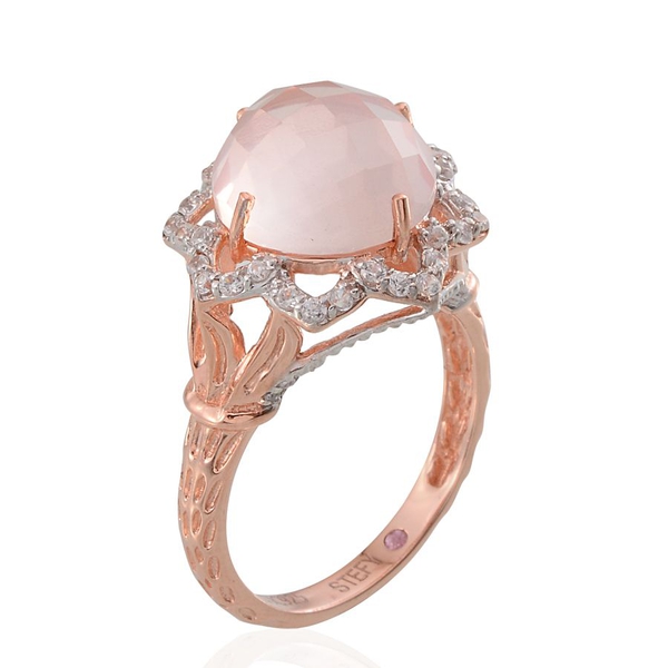 Stefy Checkerboard Cut Rose Quartz (Rnd 6.15 Ct), Natural Cambodian Zircon and Pink Sapphire Ring in Rose Gold Overlay Sterling Silver 7.000 Ct.
