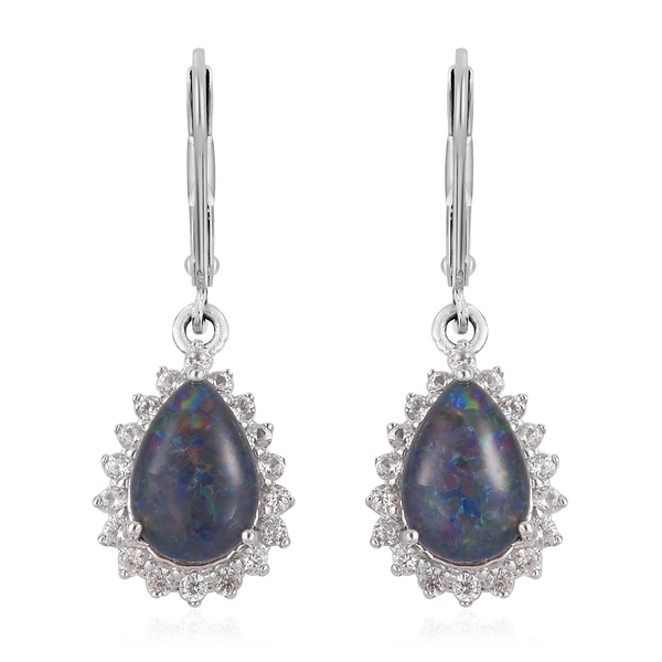 Boulder Opal and Zircon Halo Drop Earrings in Platinum Plated Silver
