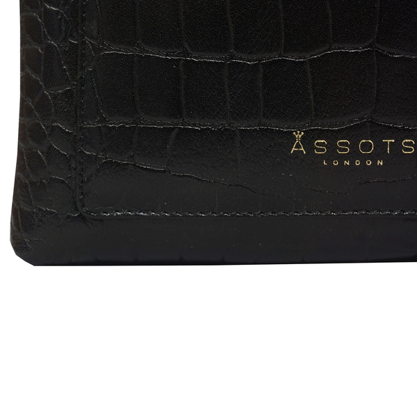 2 Piece Set - ASSOTS LONDON 100% Genuine Leather Croc Pattern Crossbody Bag with Adjustable Shoulder Strap and Purse (Size 21x14x2 Cm) - Black
