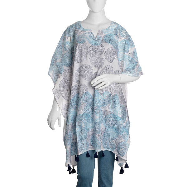 New Season-100% Cotton Blue, Grey and White Colour Hand Block Paisley Printed Kaftan with Tassels (F
