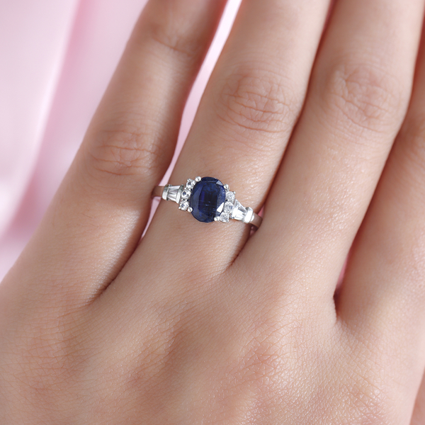 Kashmir Kyanite and Natural Cambodian Zircon Ring in Platinum Overlay Sterling Silver 2.09 Ct.