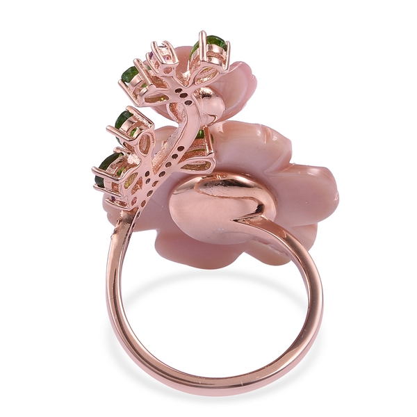 Jardin Collection -Pink Mother of Pearl, Freshwater White Pearl and Multi Gemstones Crossover Ring in Rose Gold and Rhodium Overlay with Enameled Sterling Silver 14.450 Ct, Silver wt. 5.51 Gms