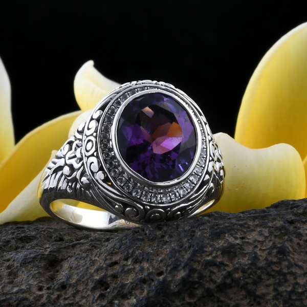 Bali Legacy Collection Amethyst (Rnd), Natural White Cambodian Zircon Filigree Ring in Sterling Silver 4.720  Ct, Silver wt 7.00 Gms.