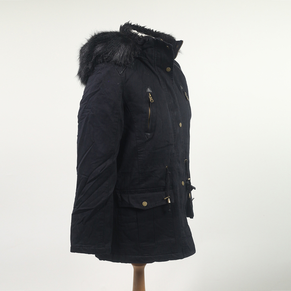 Solid Black Parka Jacket with Faux Fur Trim Detachable Hood and Zip Fastening (Size 12)
