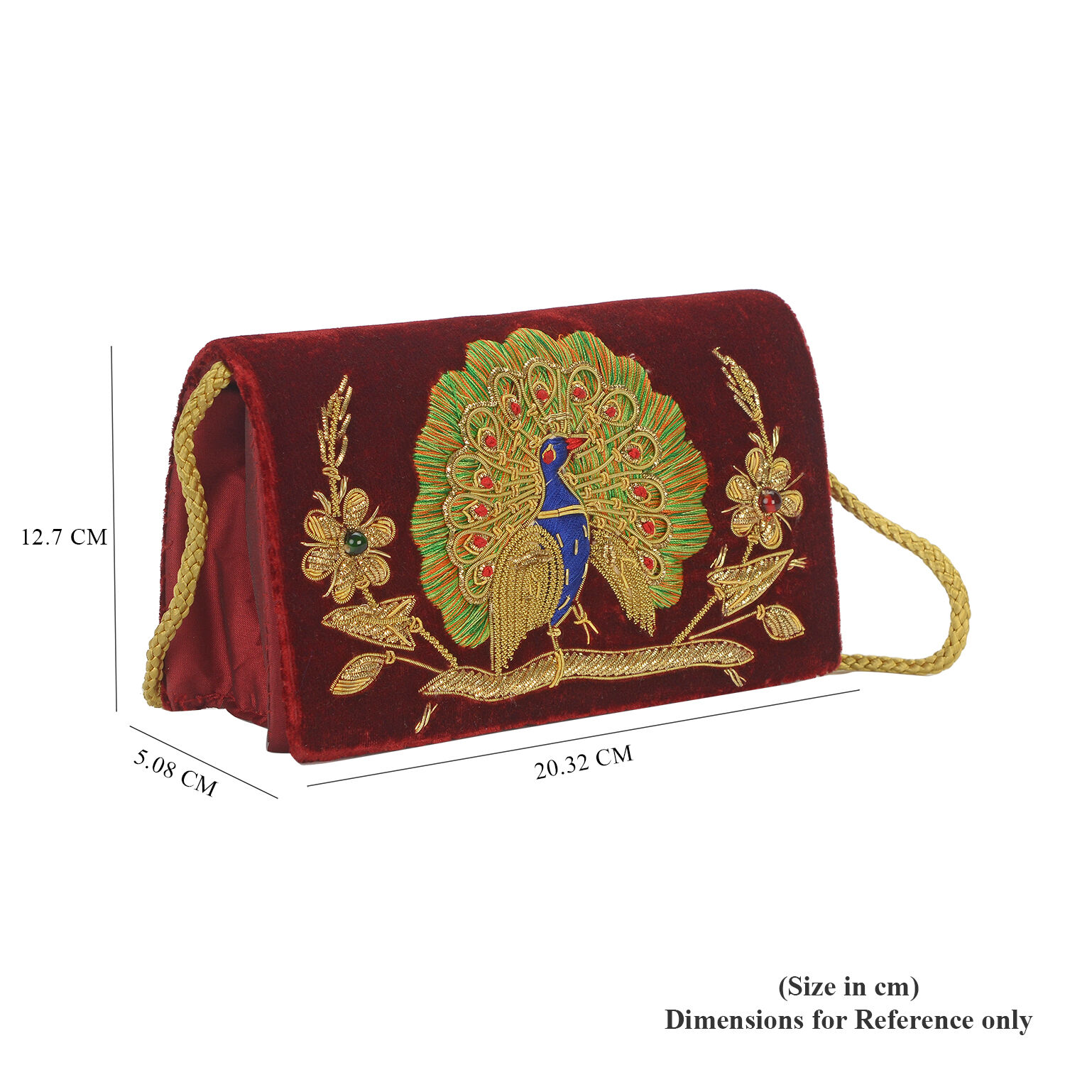 Peacock Sequence Hand Embroidered Velvet Clutch with Shoulder  Strap (Size 20.32x12.7x5.08 Cm) - Maroon