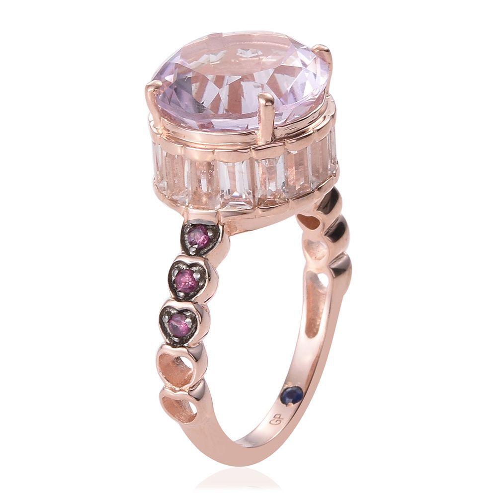 GP Rose De France Amethyst (Rnd 5.75 Ct), Rhodolite Garnet, White Topaz and Kanchanaburi Blue Sapphire Ring in Rose Gold Overlay Sterling Silver 8.750 Ct.