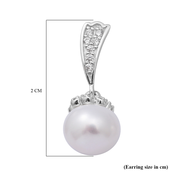 Freshwater Pearl and Simulated Diamond Drop Earrings (with Push Back) in Rhodium Overlay Sterling Silver