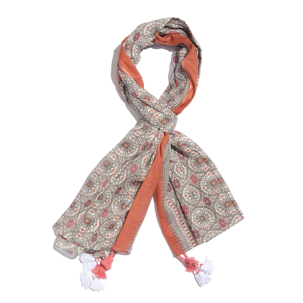 100% Cotton Orange, White and Multi Colour Printed Scarf with Tassels (Size 200X180 Cm)