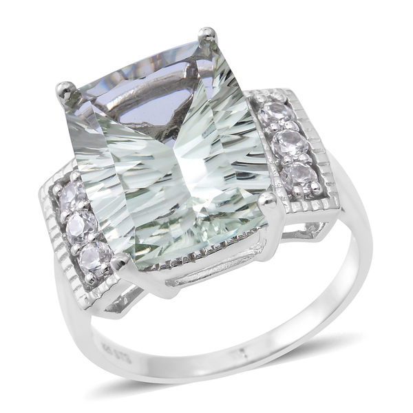 Green Amethyst (Cush 8.97 Ct), Natural White Cambodian Zircon Ring in Rhodium Plated Sterling Silver