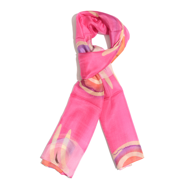 100% Mulberry Silk Hot Pink, Purple and Multi Colour Handscreen Printed Scarf (Size 180x50 Cm)
