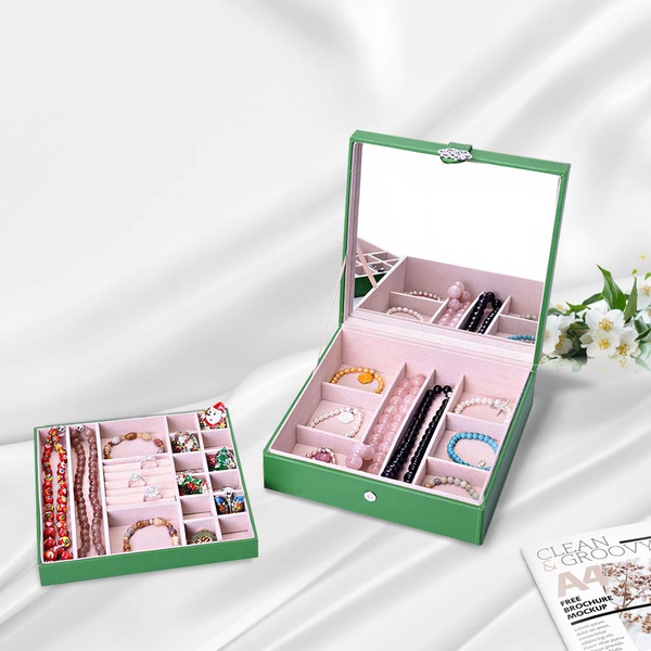 Two-Layer Green Jewellery Box with Multiple Compartments and Mirror (Size 26x26x9cm)