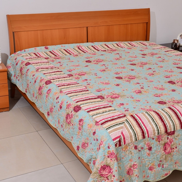 100% Cotton Green, Red and Multi Colour Floral and Stripe Pattern 4 Season Quilt (Size 260x240)