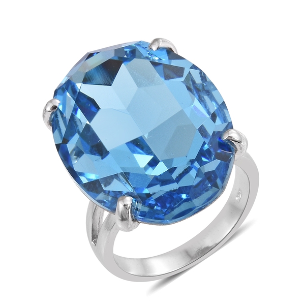J Francis  - Aquamarine Colour Crystal (Ovl) Ring in Platinum Overlay Sterling Silver, Silver wt 6.2