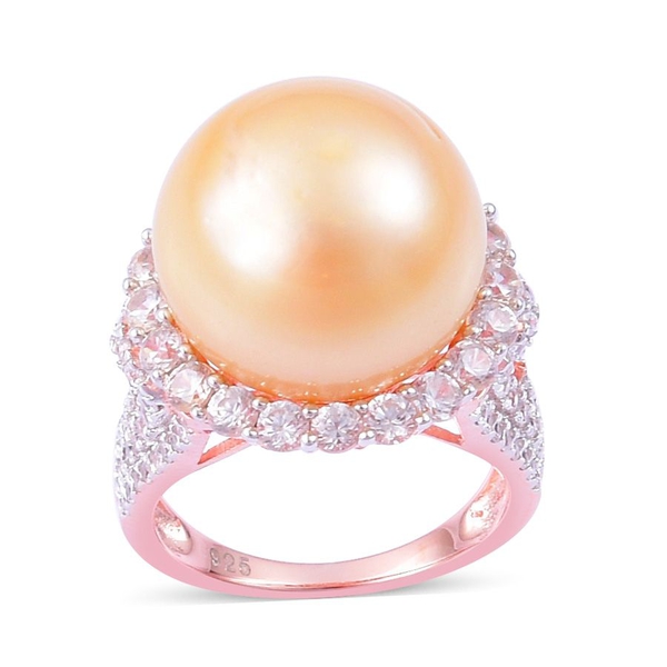 South Sea Golden Pearl (Rnd 22.25 Ct), White Zircon Ring in Rose Gold Overlay Sterling Silver 25.000