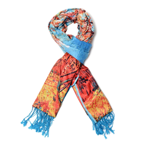 Designer Inspired Double Sided Digital Tree Printed Blue and Multi Colour Scarf with Fringes (Size 1