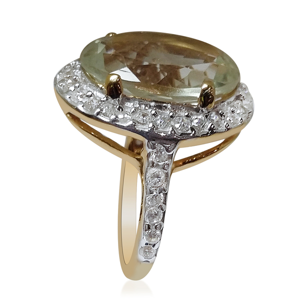 Green Amethyst (Ovl 9.50 Ct), Simulated White Diamond Ring in 14K Gold Overlay Sterling Silver 11.30
