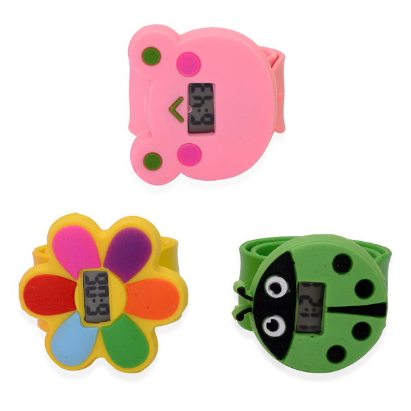 Set of 3 - STRADA Bear, Flower and Lady Bug Water Resistant LED Watch with Pink, Yellow and Green Silicone Strap