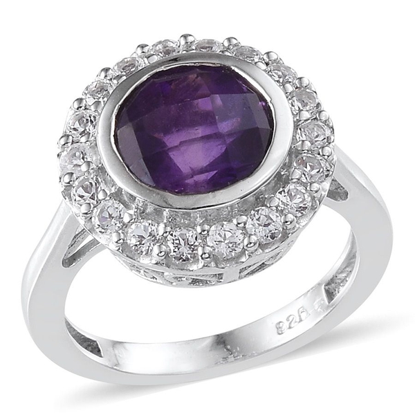 Amethyst (Rnd 2.50 Ct), White Topaz Ring in Platinum Overlay Sterling Silver 3.250 Ct.