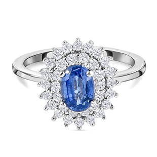 Kyanite and Natural Cambodian Zircon Ring in Platinum Overlay Sterling Silver 1.73 Ct.
