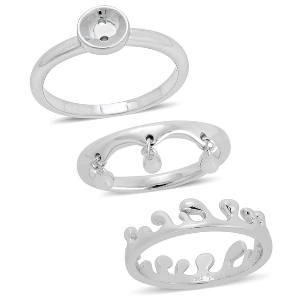 Set of 3 - LucyQ Triple Drip, Button and Ocean Ring in Rhodium Plated Sterling Silver 7.44 Gms.