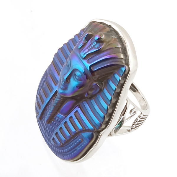 Sajen Silver CULTURAL FLAIR Collection- Pharaoh Carved Simulated Emerald and Caribbean Rainbow Doublet Quartz Ring in Sterling Silver