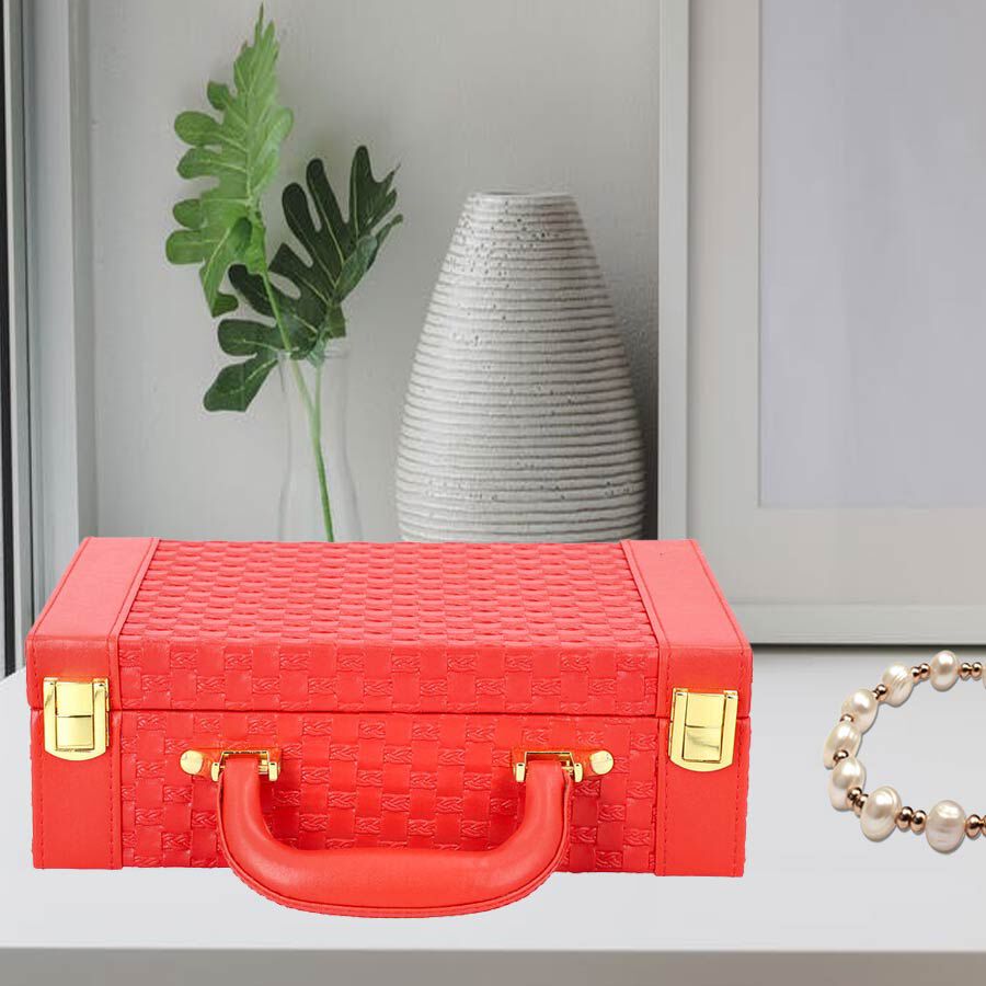 Red Colour Woven Pattern Briefcase Design Double Layer Jewellery Box with Mirror Inside (Size 27.5X18.5X9 Cm)