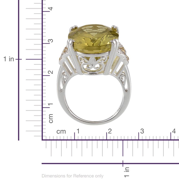 Brazilian Green Gold Quartz (Ovl 20.00 Ct), Yellow Sapphire and Diamond Ring in Platinum Overlay Sterling Silver 20.270 Ct.