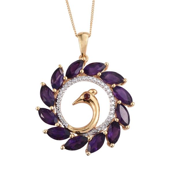 Amethyst (Mrq), Mozambique Garnet Peacock Pendant With Chain in 14K Gold Overlay Sterling Silver 6.5