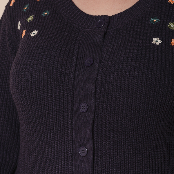 LA MAREY Dark Purple Knit Cardigan with Multi Colour Floral Embriodery (Size: S,37)