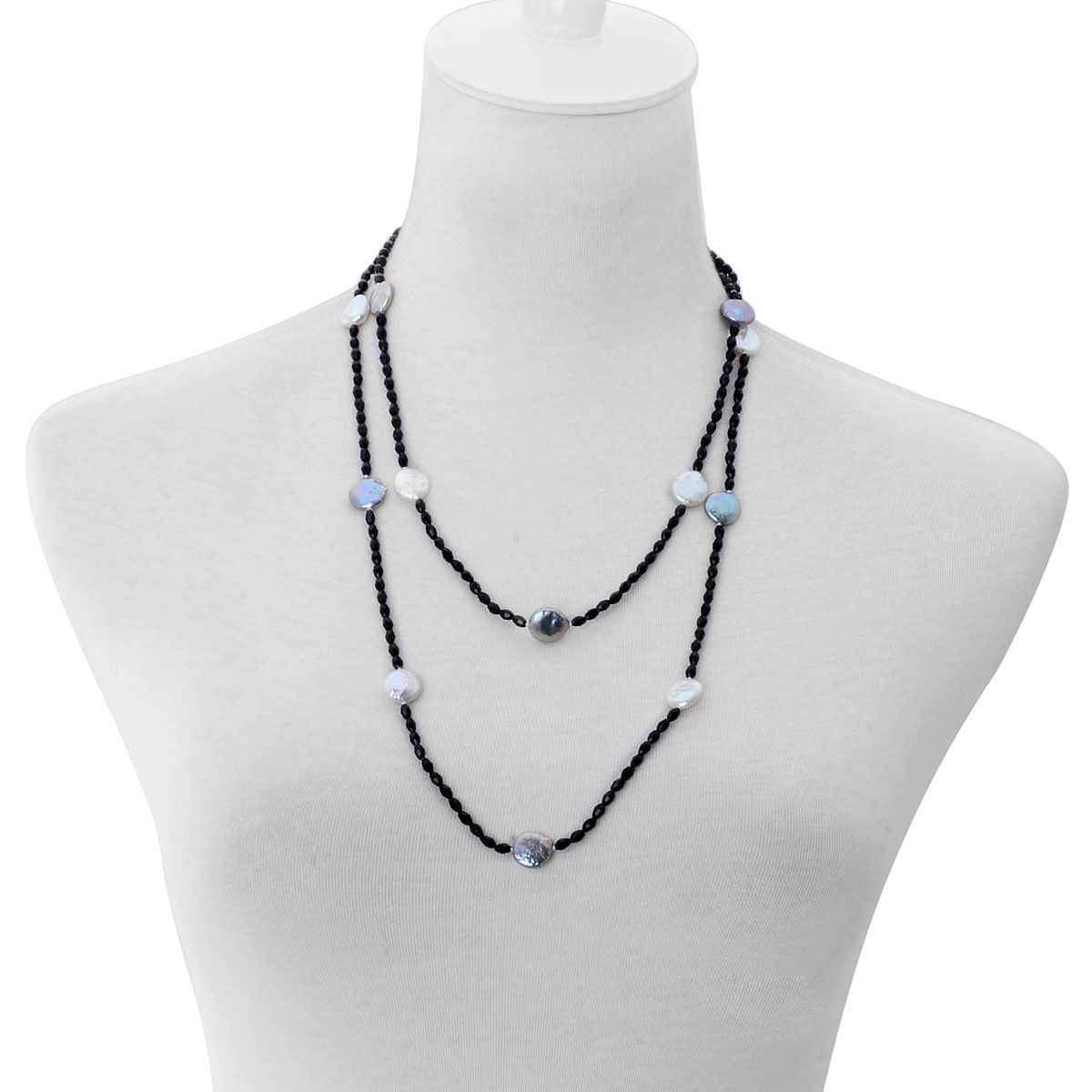 White and Peacock Keshi Pearl and Simulated Black Diamond Station Necklace (Size 48)