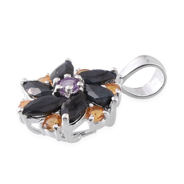 Black Sapphire (Mrq), Amethyst and Citrine Floral Pendant in Sterling Silver 1.500 Ct.