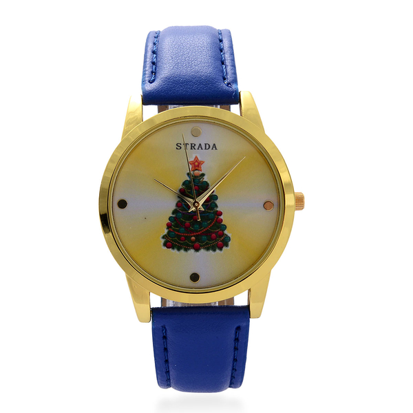 STRADA Japanese Movement Christmas Tree Printed Yellow Dial Water Resistant Watch in Gold Tone with 