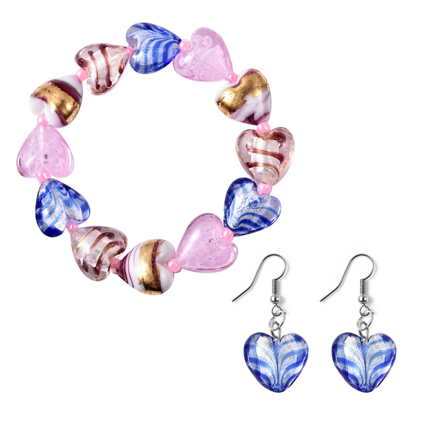 2 Piece Set - Multi Colour Murano Style Glass and Simulated Kunzite Stretchable Heart Bracelet and Hook Earrings in Stainless Steel